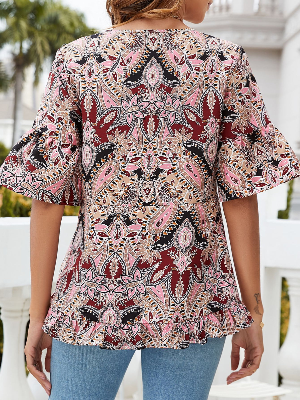 Printed Flounce Sleeve Ruffle Hem Blouse, view 4