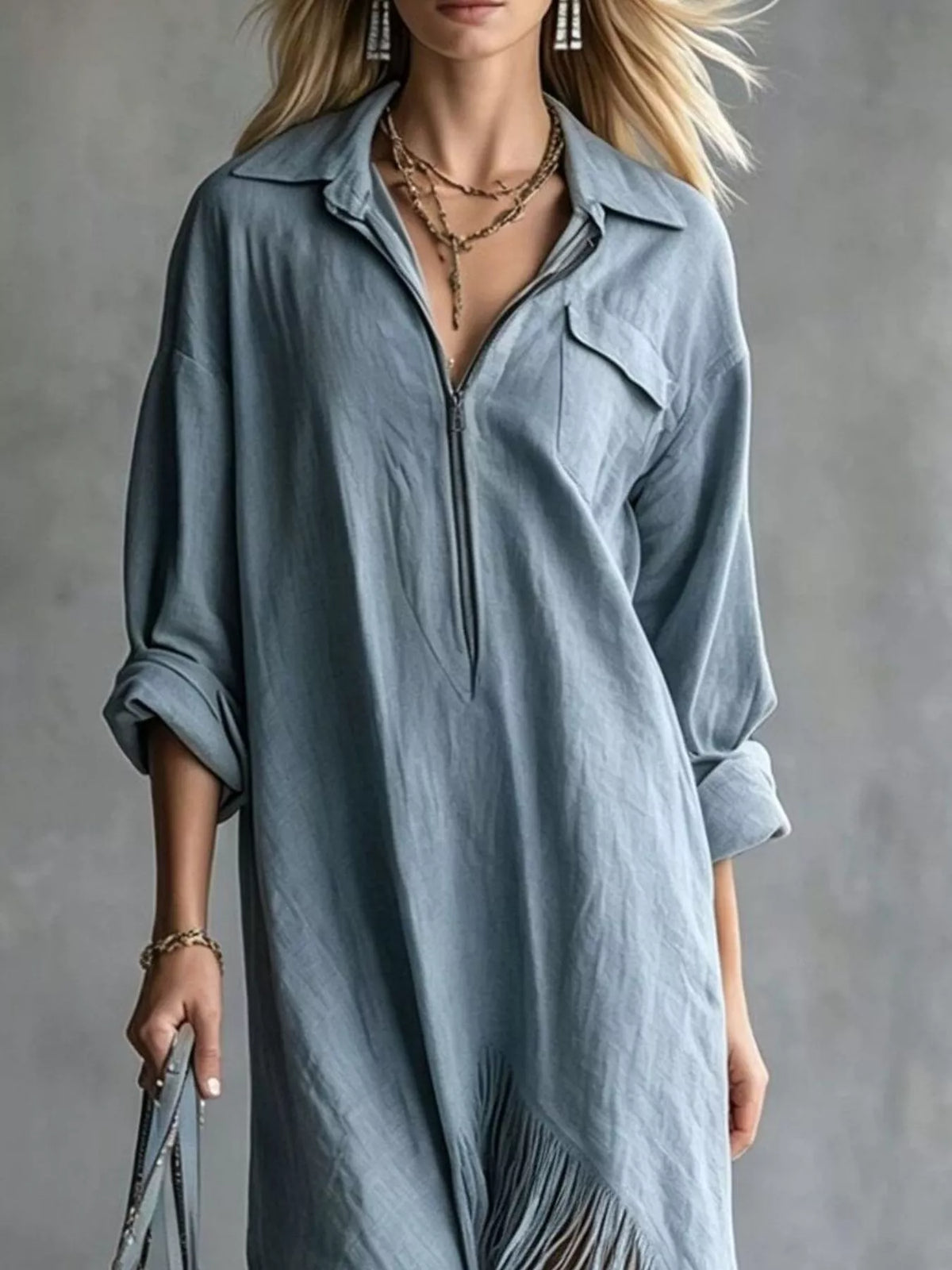 Zipper-Front Fringe Hem Midi Dress - Lilixa.store