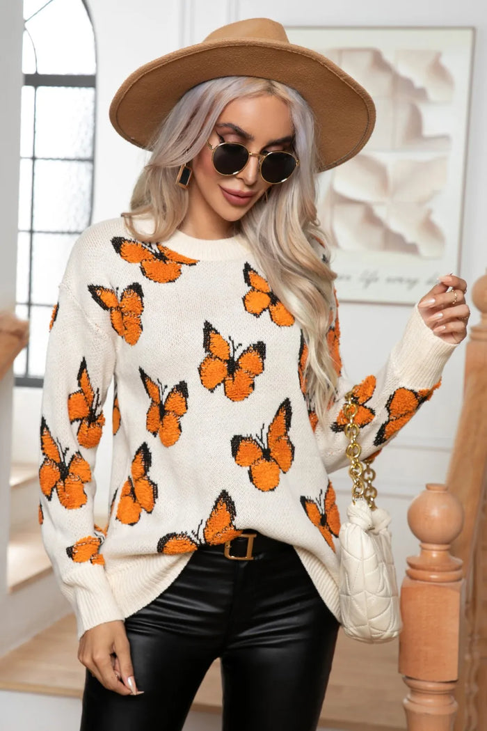Butterfly Round Neck Long Sleeve Sweater in Ivory