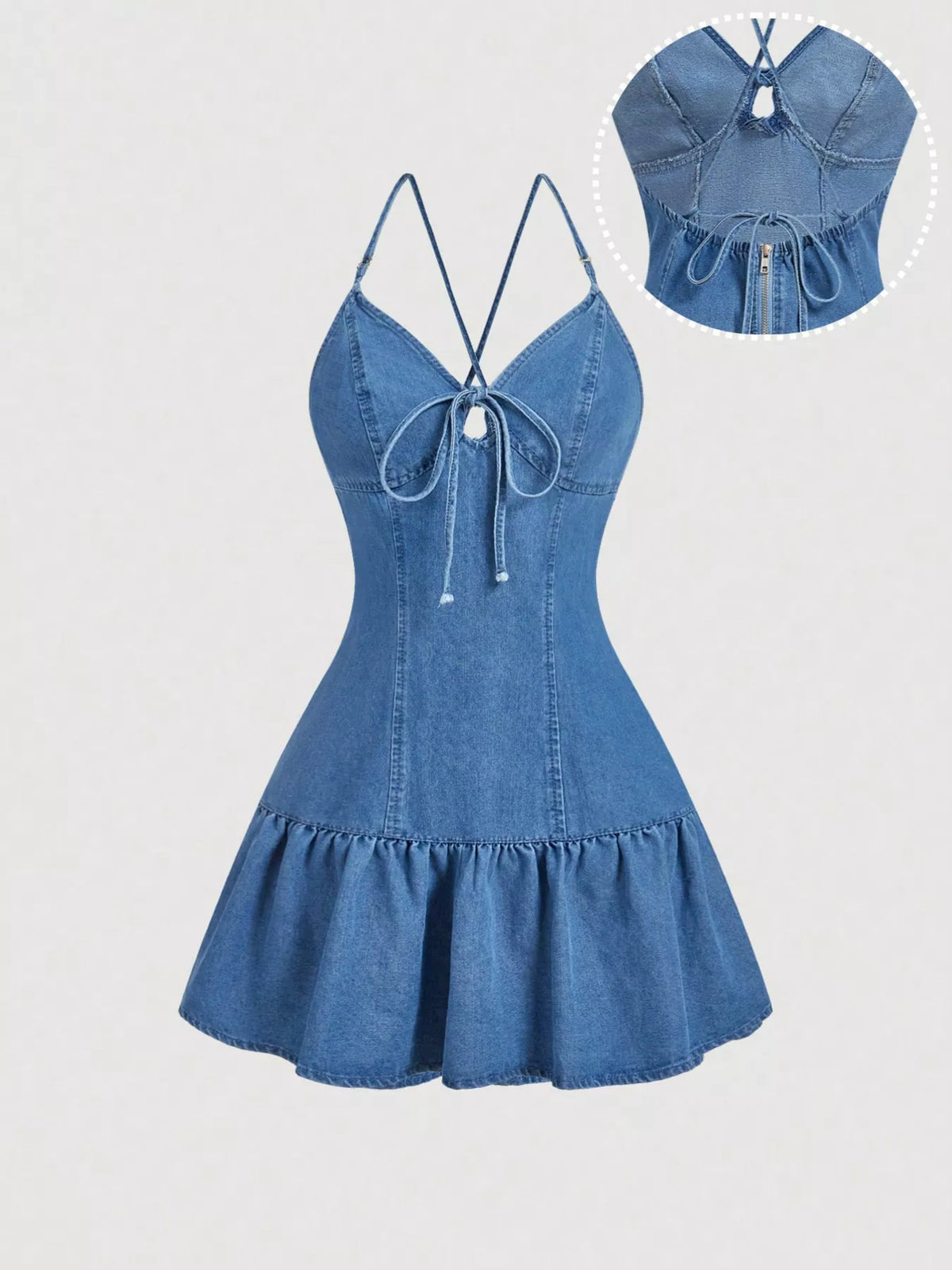 Tie-Front Denim Dress with Ruffled Hem