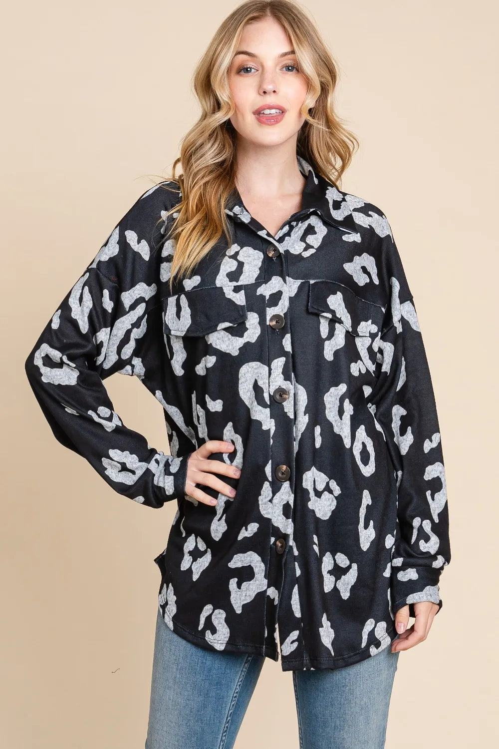 BOMBOM Animal Print Button Up Knit Shacket - Lilixa.store