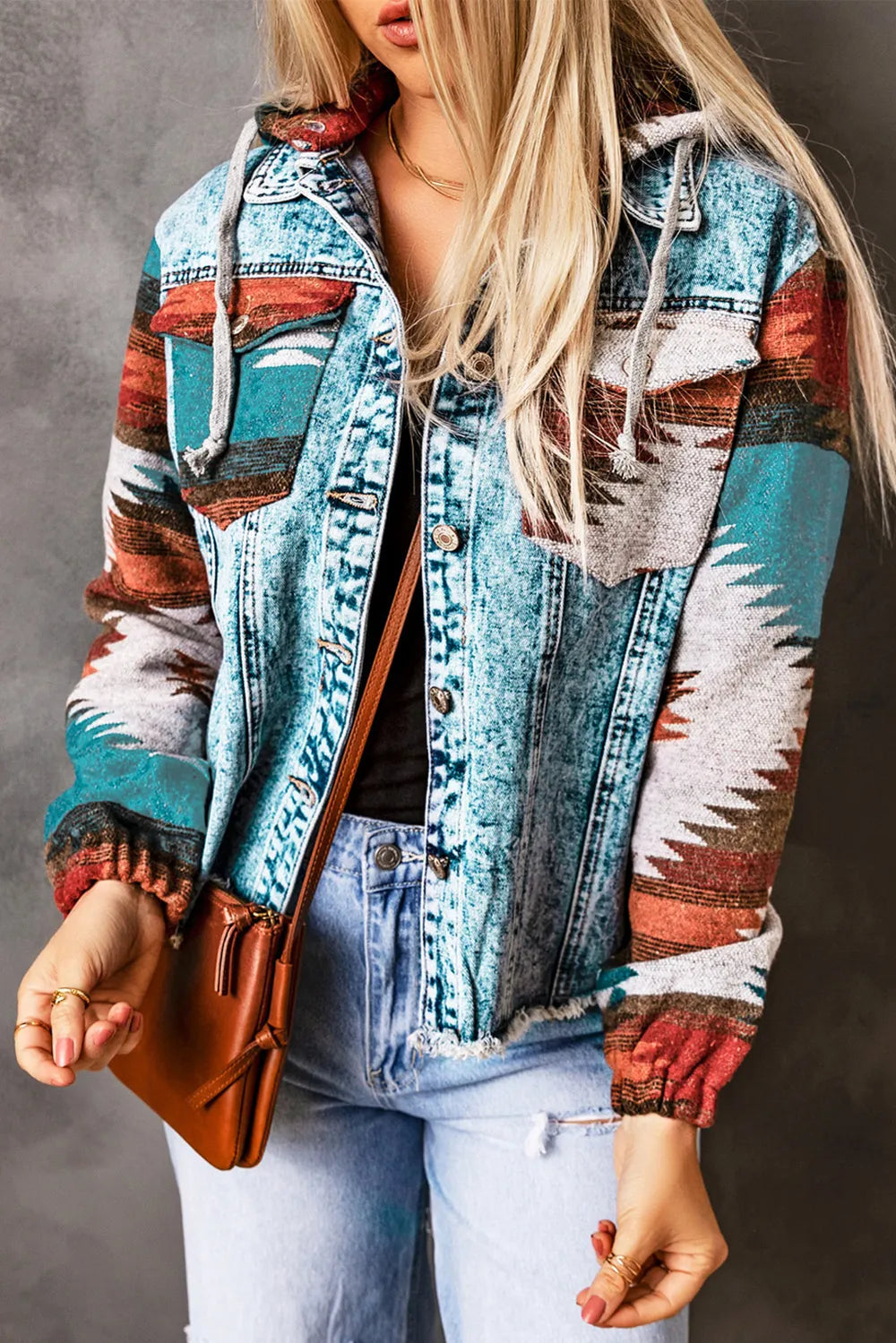 Drawstring Hooded Pocketed Denim Jacket in Light Blue