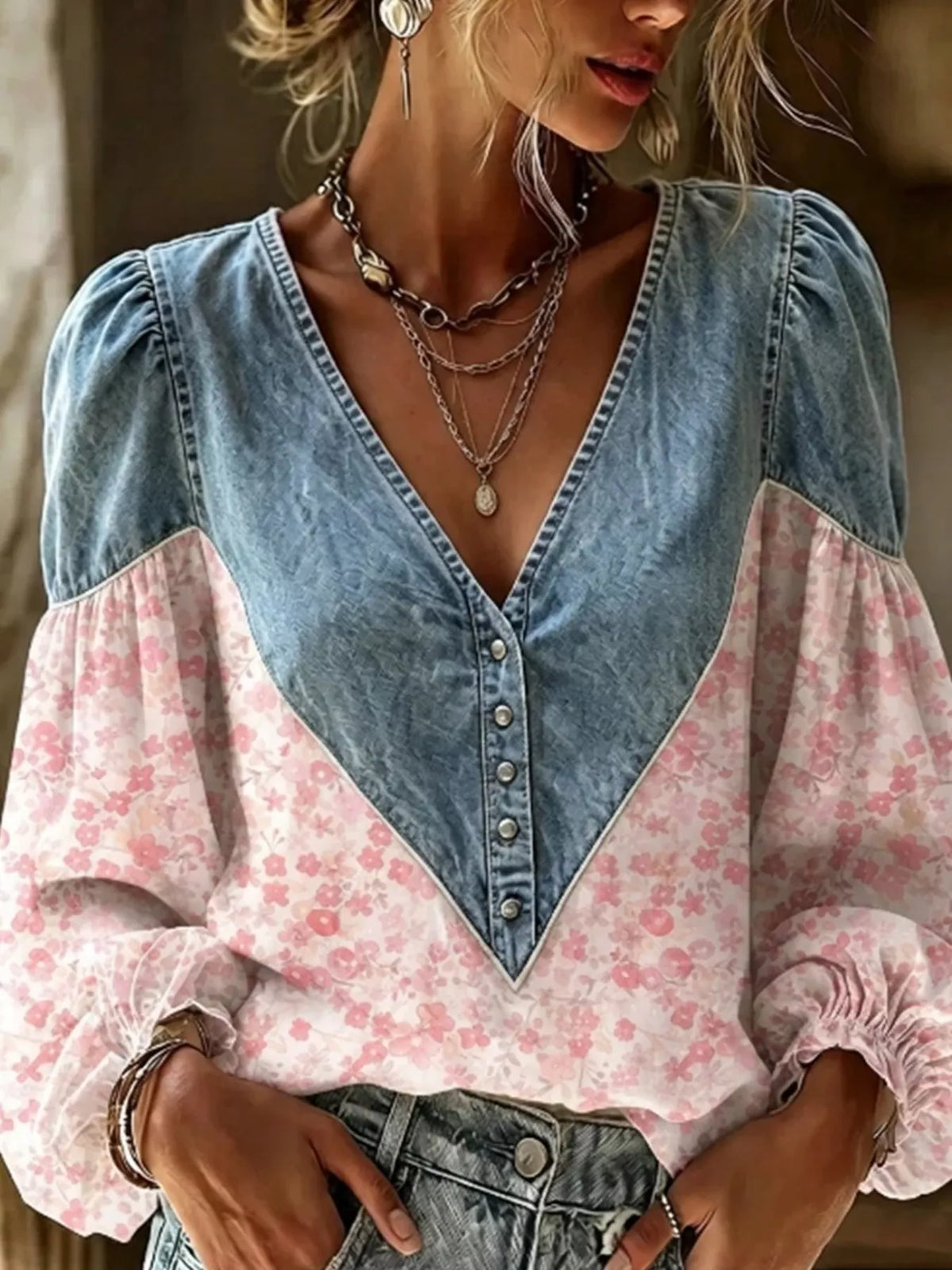 Full Size Denim Patchwork Floral Denim Top Plus Size