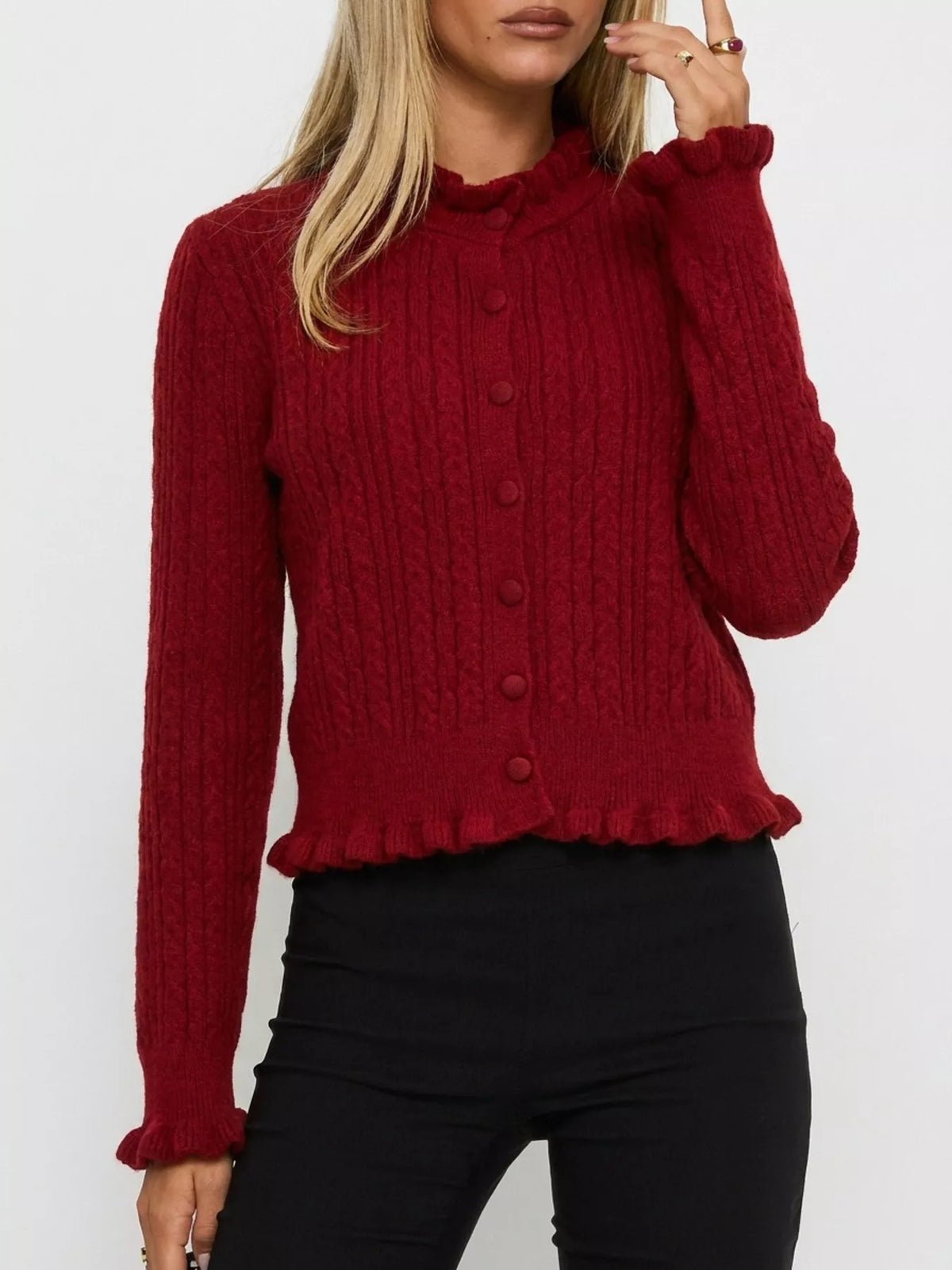 Cable-Knit Ruffle-Trim Cardigan, view 12