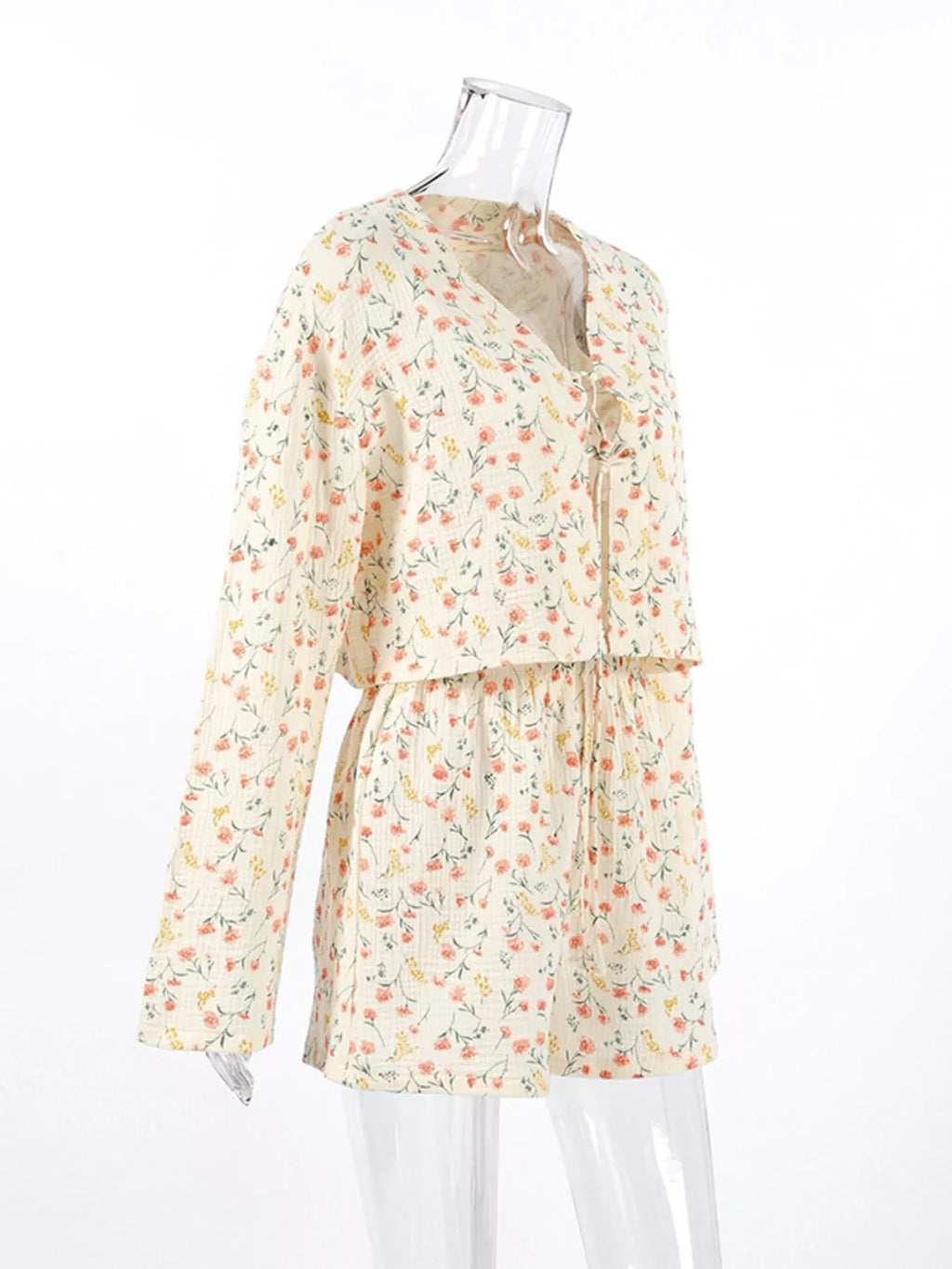 Floral Print Crinkle Texture Tie-Front Top and Shorts Set - Lilixa.store