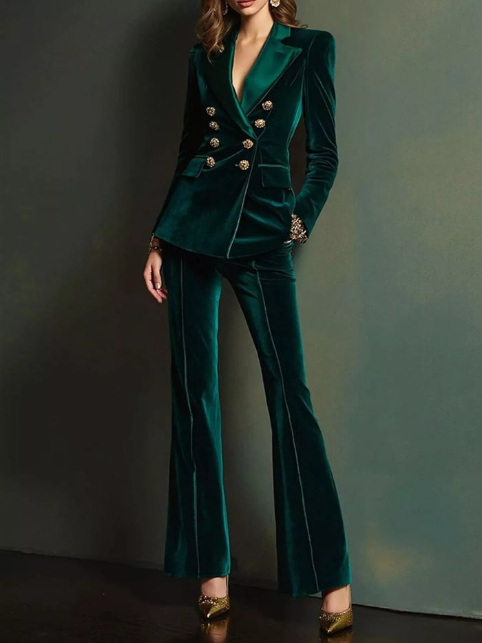 Velvet Double-Breasted Blazer and Flare Pant Set in Dark Green