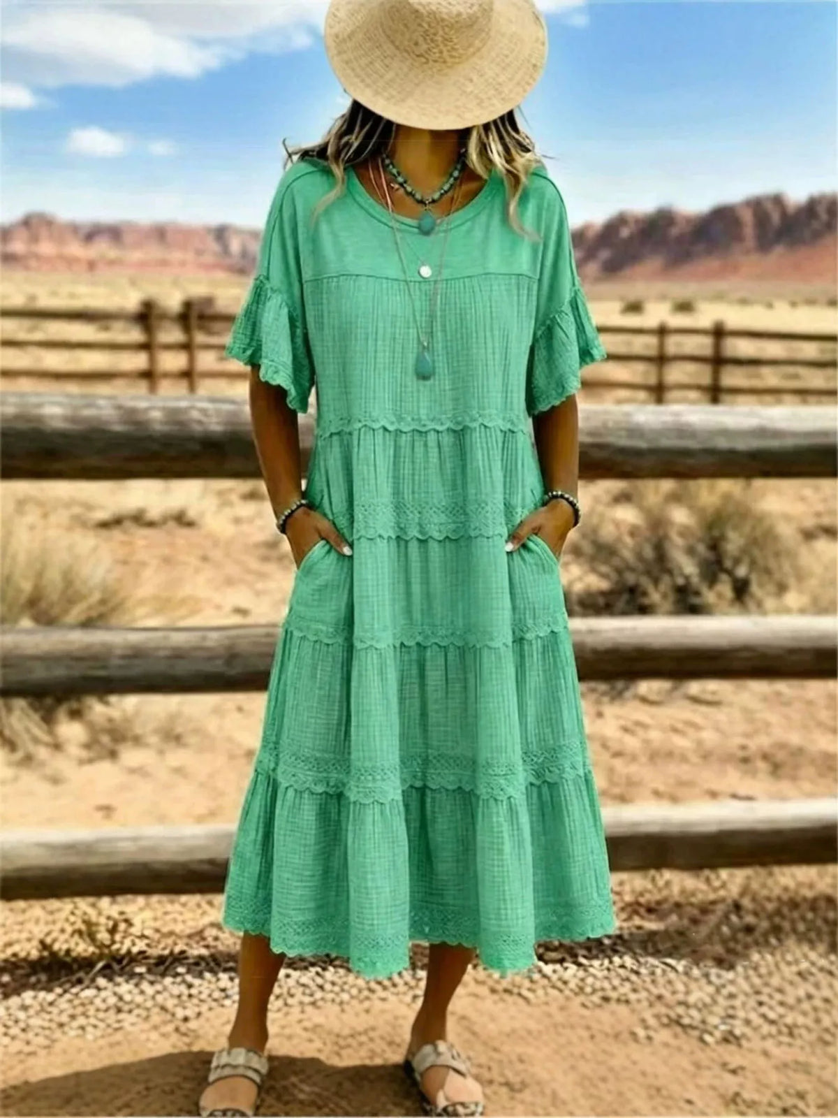 Full Size Tiered Ruffle Sleeve Midi Dress with Pockets Plus Size - Lilixa.store