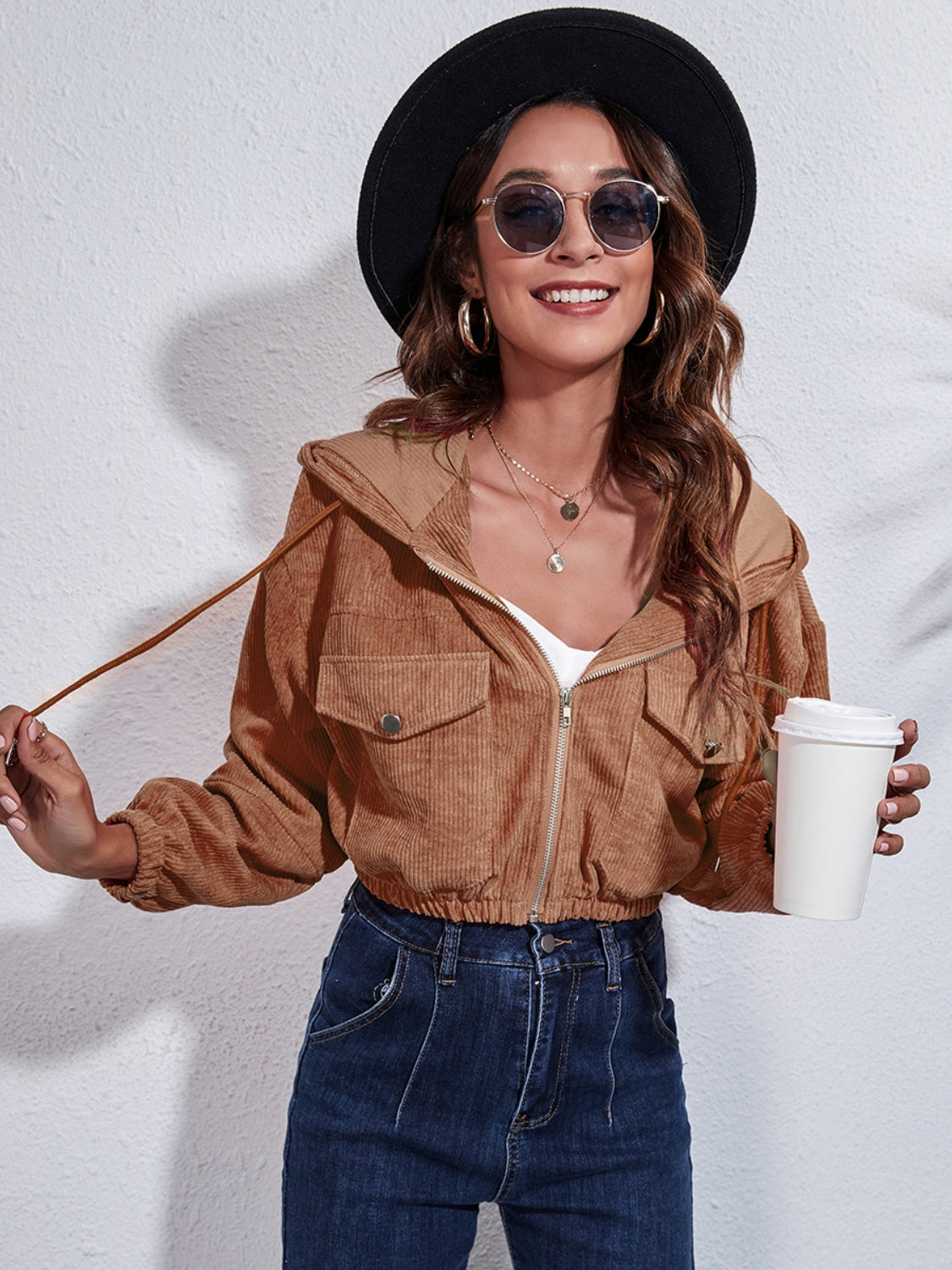 Drawstring Hooded Zip Up Jacket with Pockets in Caramel