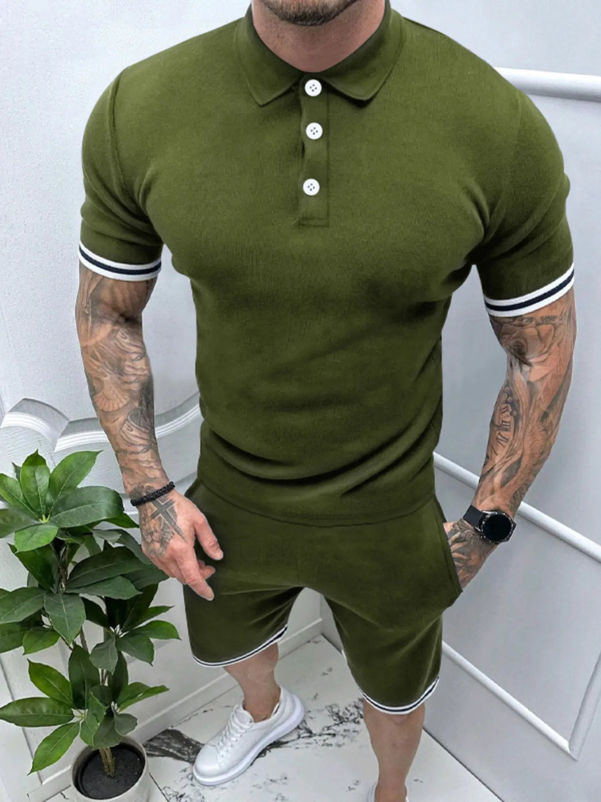 Men's Short Sleeve Polo and Shorts Set in Army Green