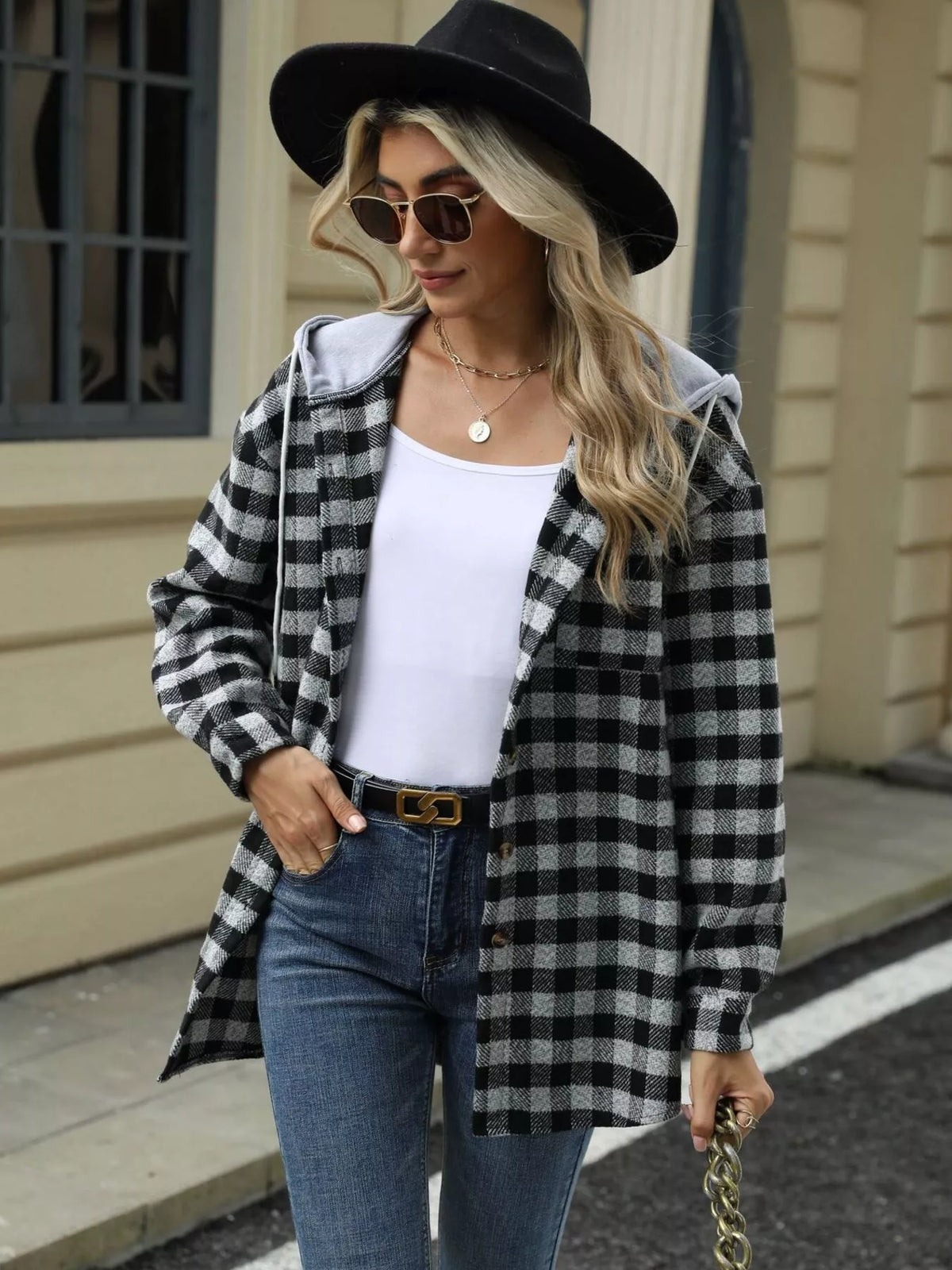 Plaid Button Up Long Sleeve Drawstring Hooded Jacket, view 6
