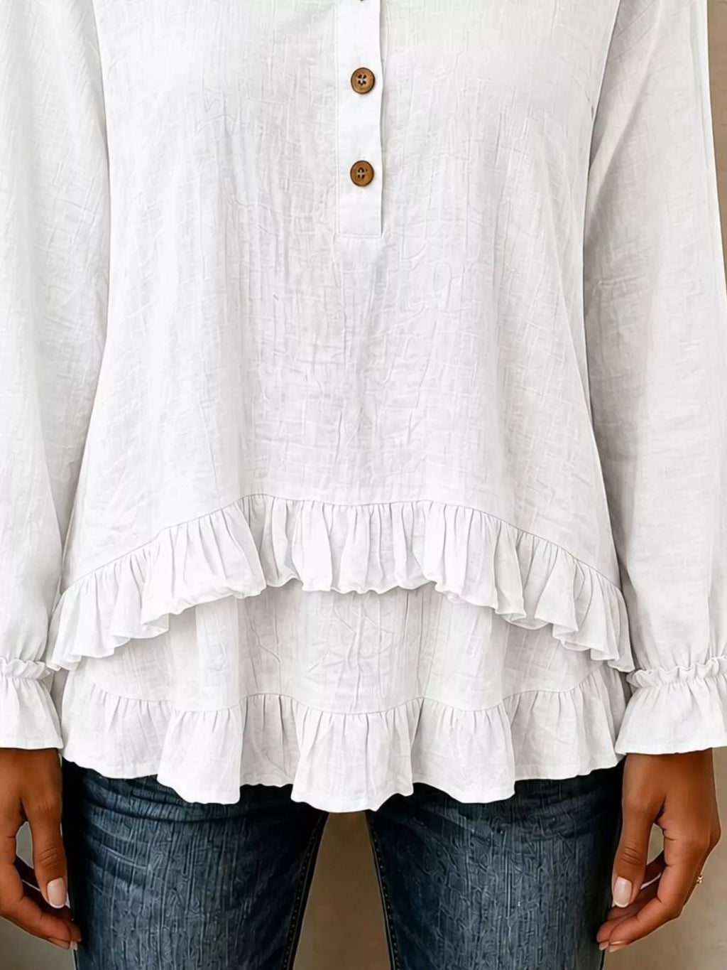 V-Neck Long Sleeve Button Detail Ruffled Hem Blouse - Lilixa.store