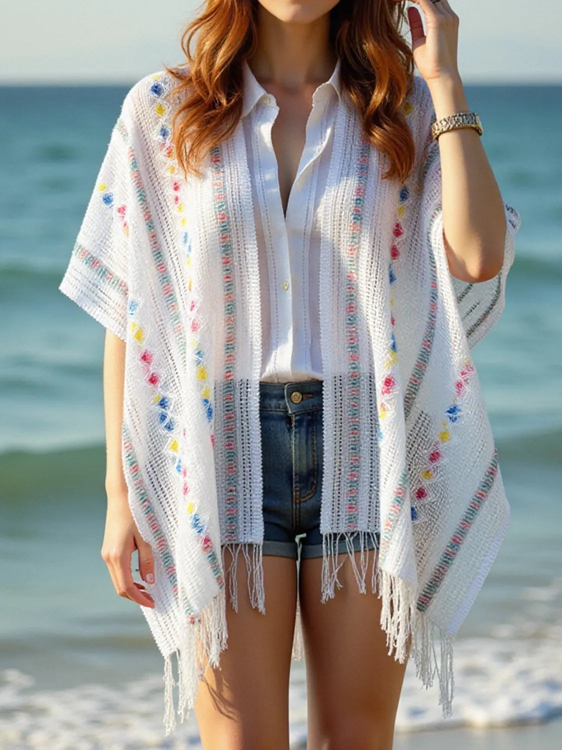 Openwork Fringe Open Front Knit Cape - Lilixa.store