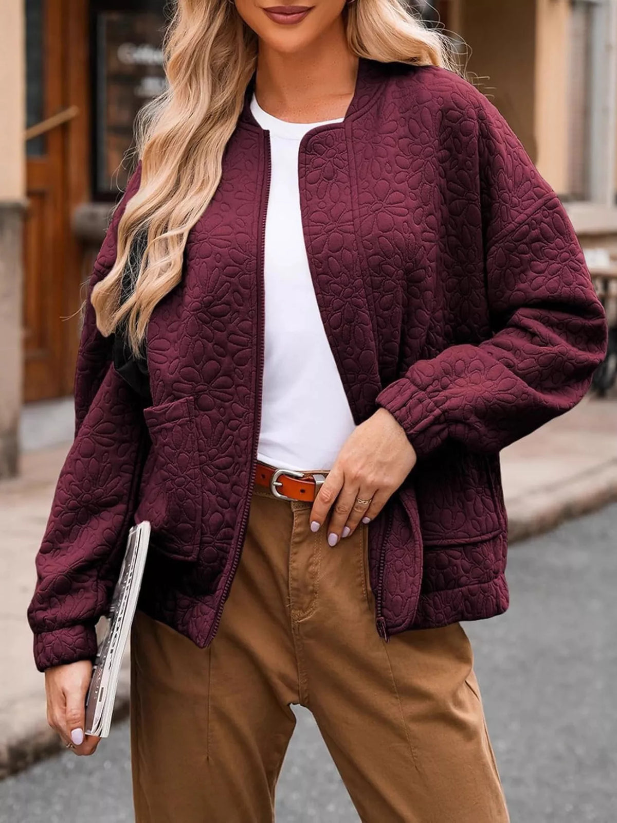 Full Size Floral Quilted Zip Up Jacket Plus Size in Wine Red