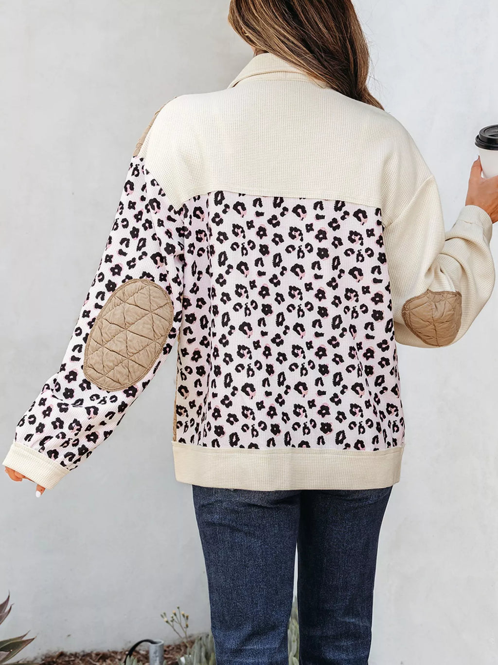Leopard Waffle Quilted Patchwork Button Front Jacket in Camel, view 4