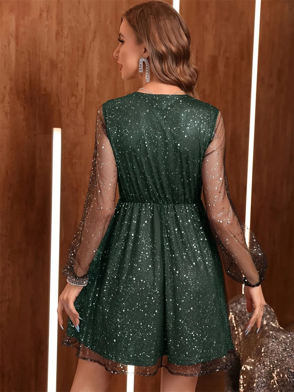 Glitter Surplice Long Sleeve Mini Dress - Lilixa.store
