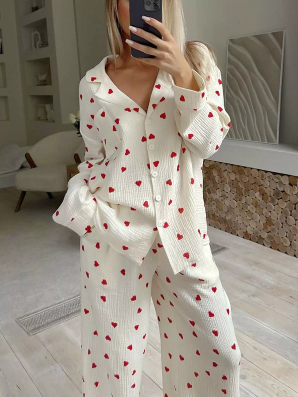 Heart Print Long Sleeve Top and Pants Lounge Set - Lilixa.store
