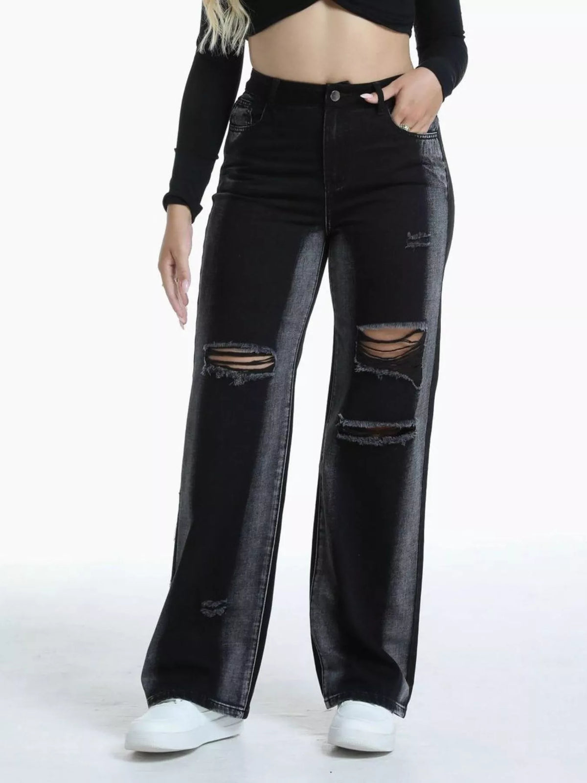 Distressed Wide-Leg Jeans