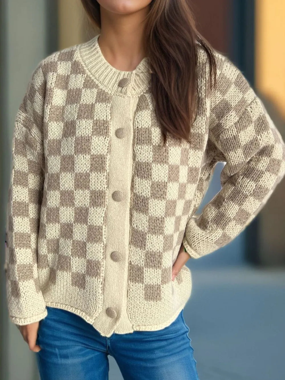 Checkered Button Up Round Neck Cardigan - Lilixa.store
