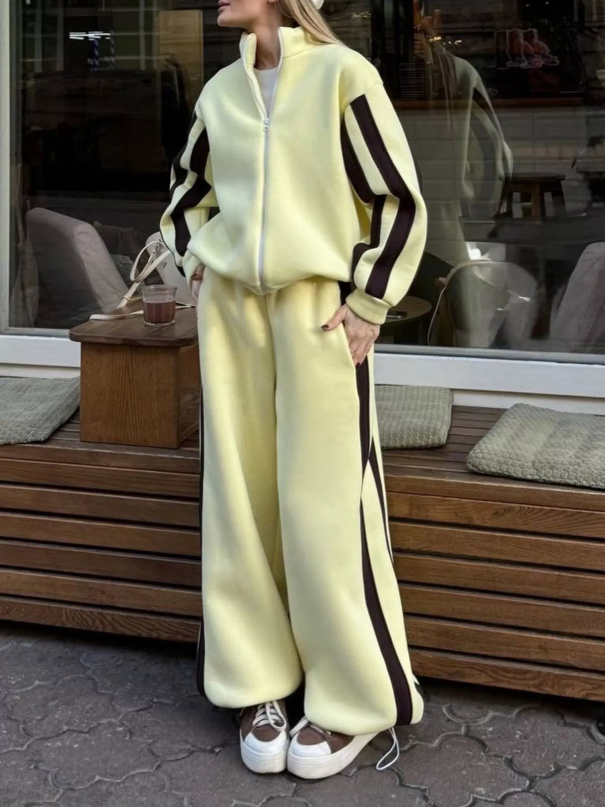 Contrast Striped Zip Up Top and Pants Set - Lilixa.store