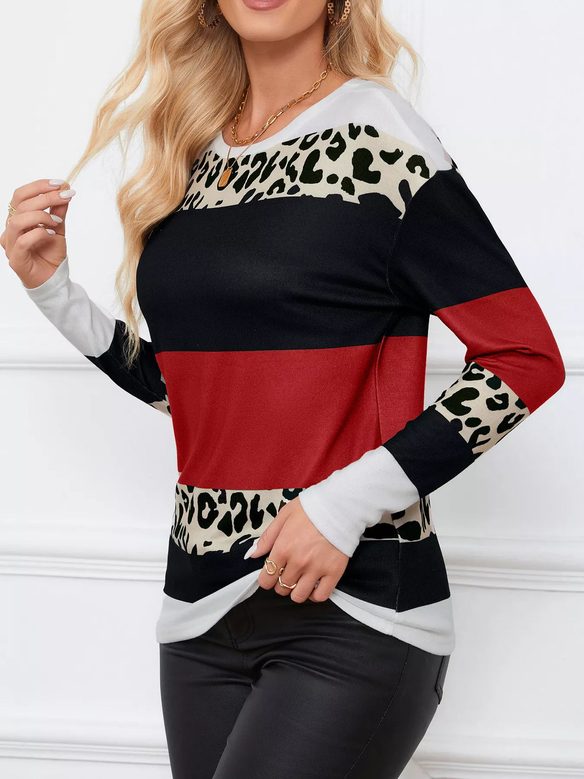 Leopard Color Block Striped Knit Top - Lilixa.store