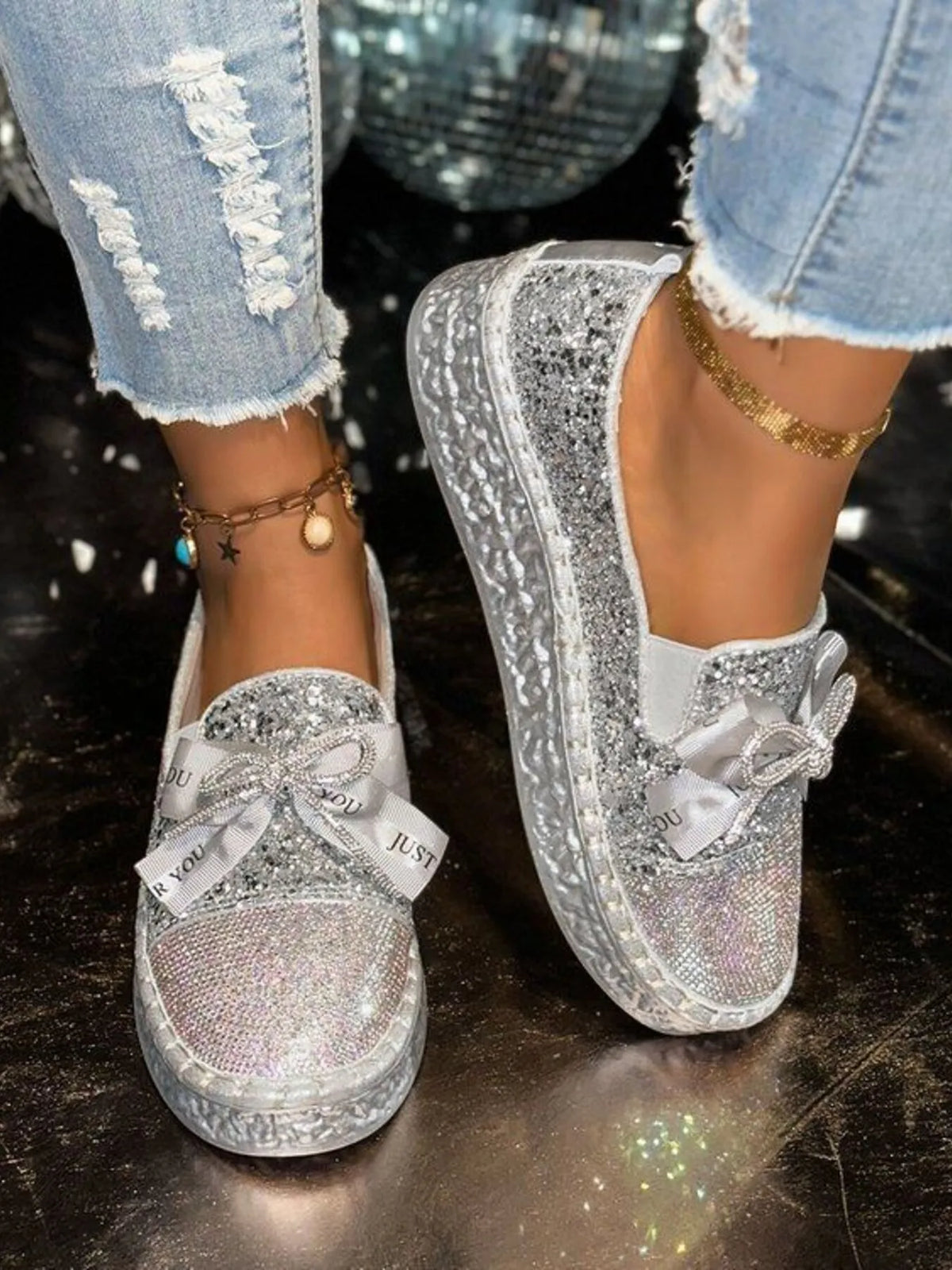 Rhinestone Bow Round Toe Slip-Ons, view 5