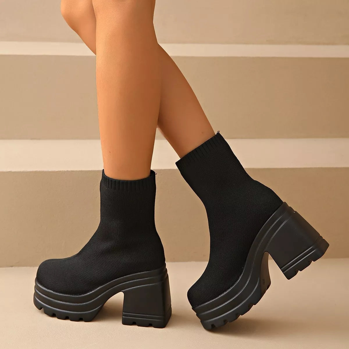 Round Toe Block Heels Boots in Black, view 3