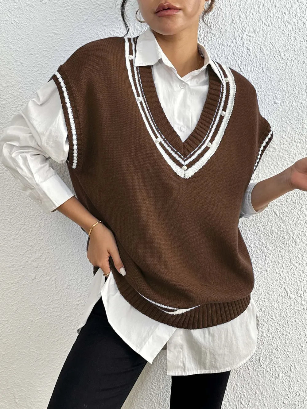 Pearl Trim Contrast V-Neck Sweater Vest, view 5
