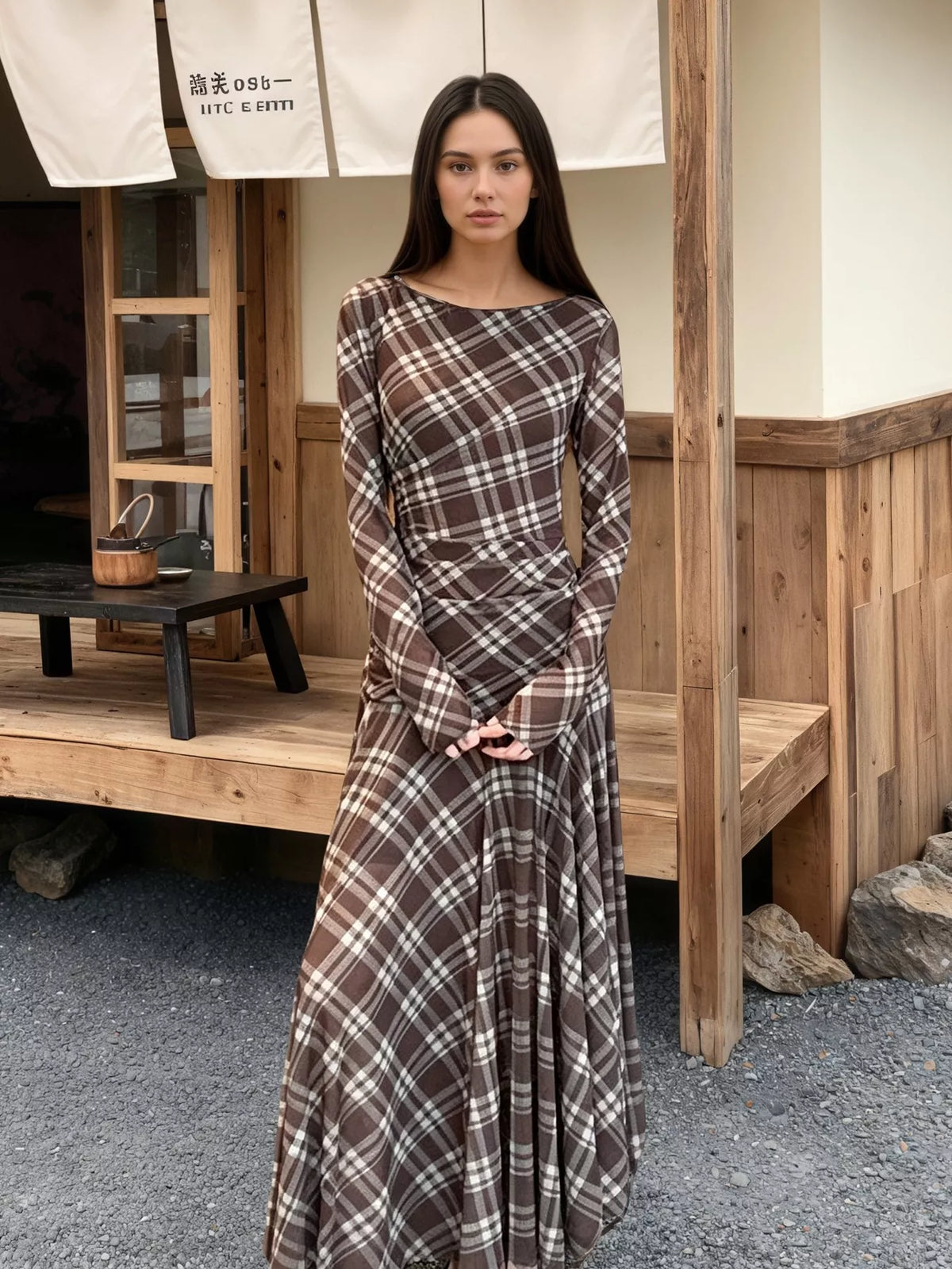 Plaid Long-Sleeve Slim-Fit Maxi Dress - Lilixa.store