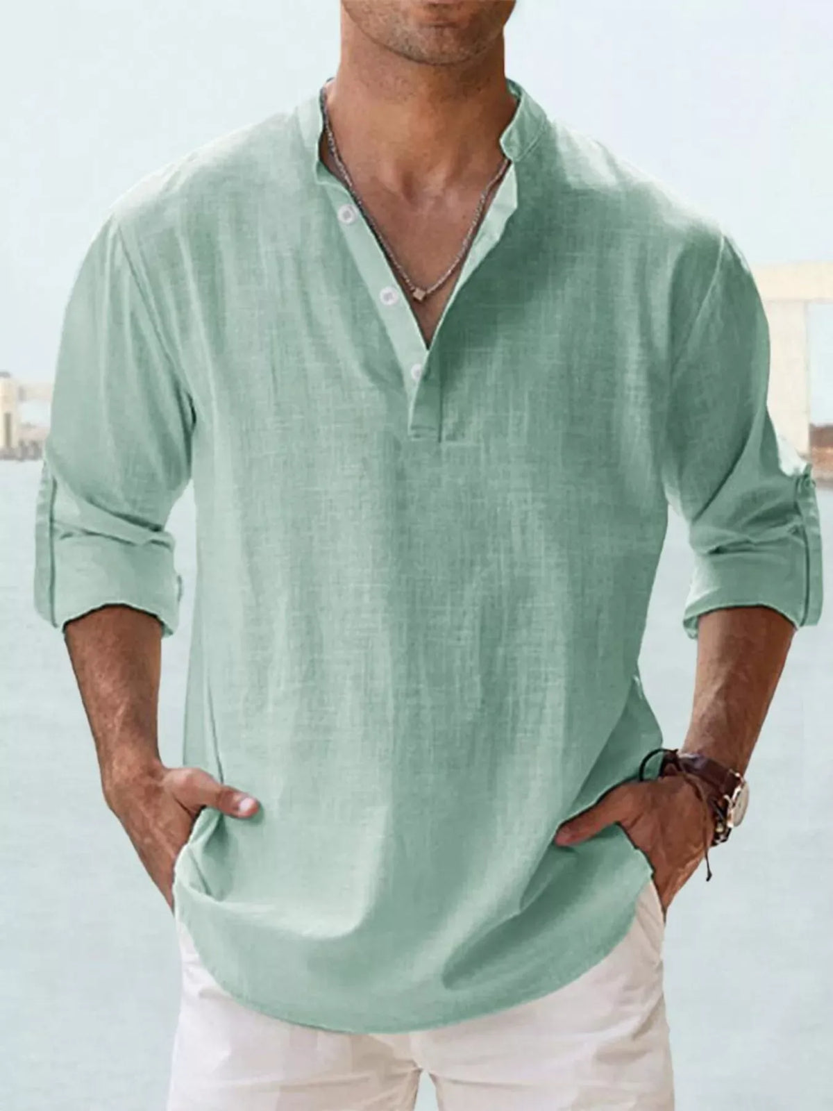 Lilixa Men's Tops Men's Full Size Casual Button Detail Roll-Up Sleeve Blouse Plus Size Men's Full Size Casual Button Detail Roll-Up Sleeve Blouse Plus Size