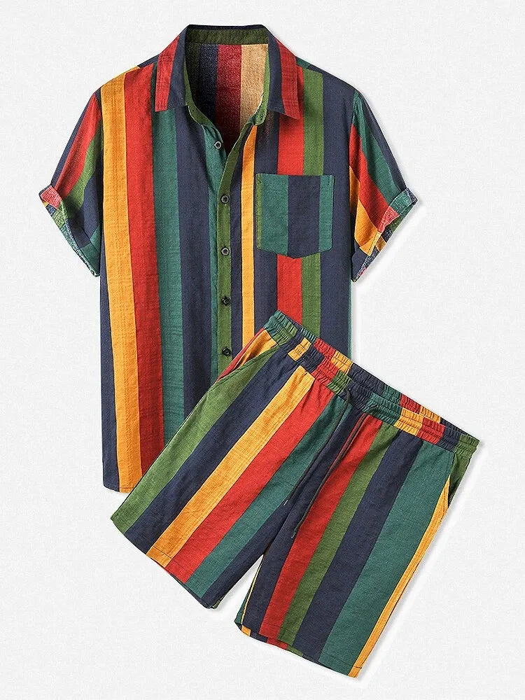 Men's Full Size Striped Button Up Shirt and Shorts Set Plus Size in Red Stripe