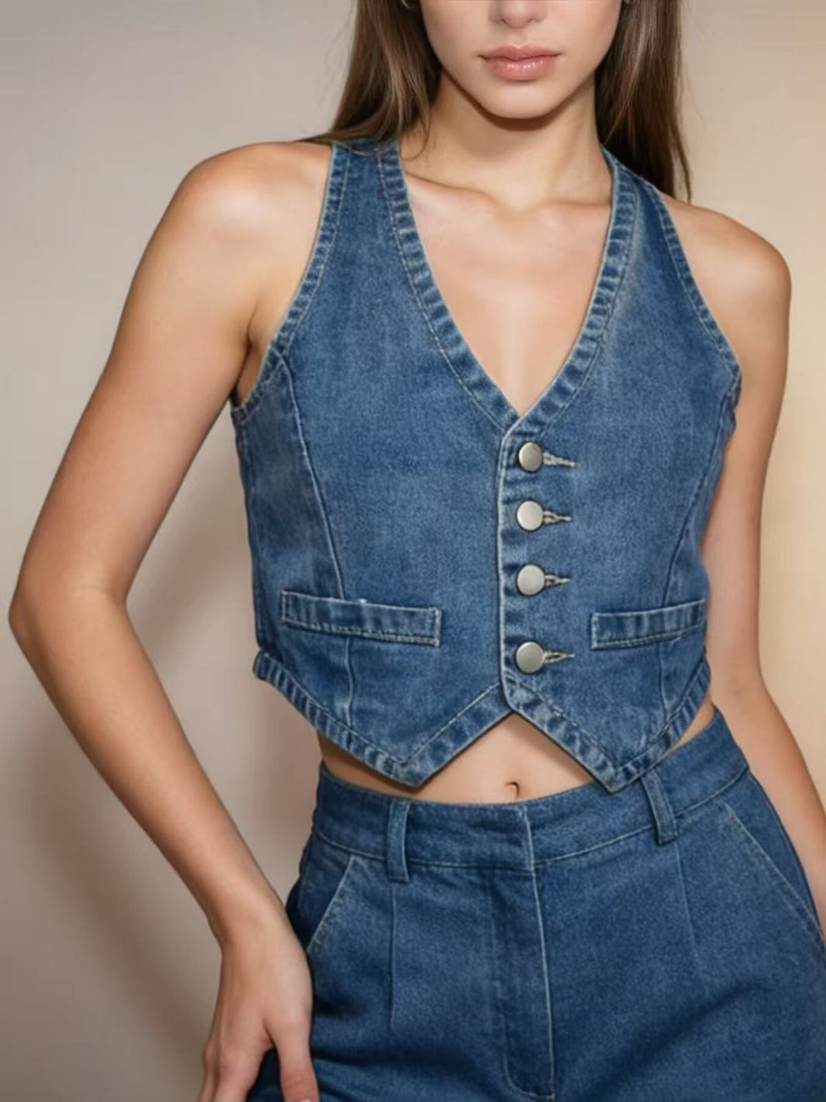 Button-Down Denim Vest - Lilixa.store