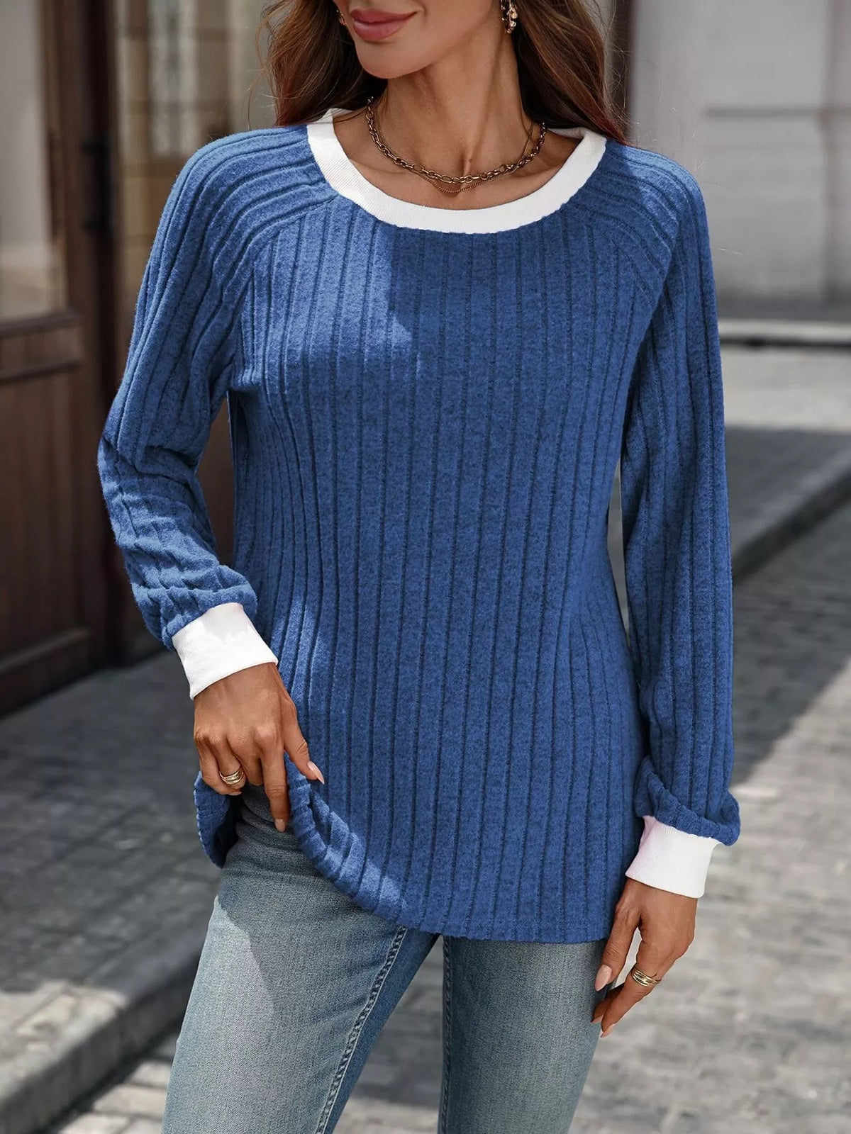 Ribbed Round Neck Raglan Sleeve Knit Top - Lilixa.store