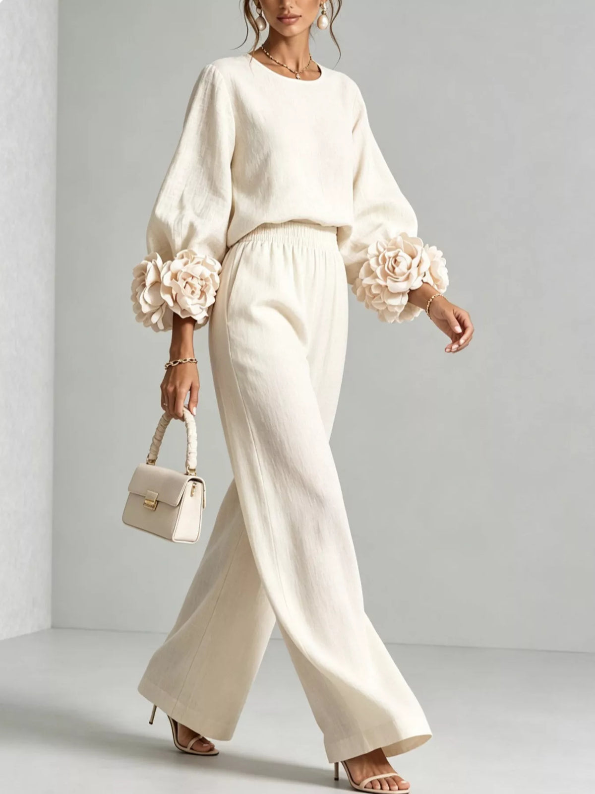 Full Size Floral Cuffs Top and Wide Leg Pants Set Plus Size