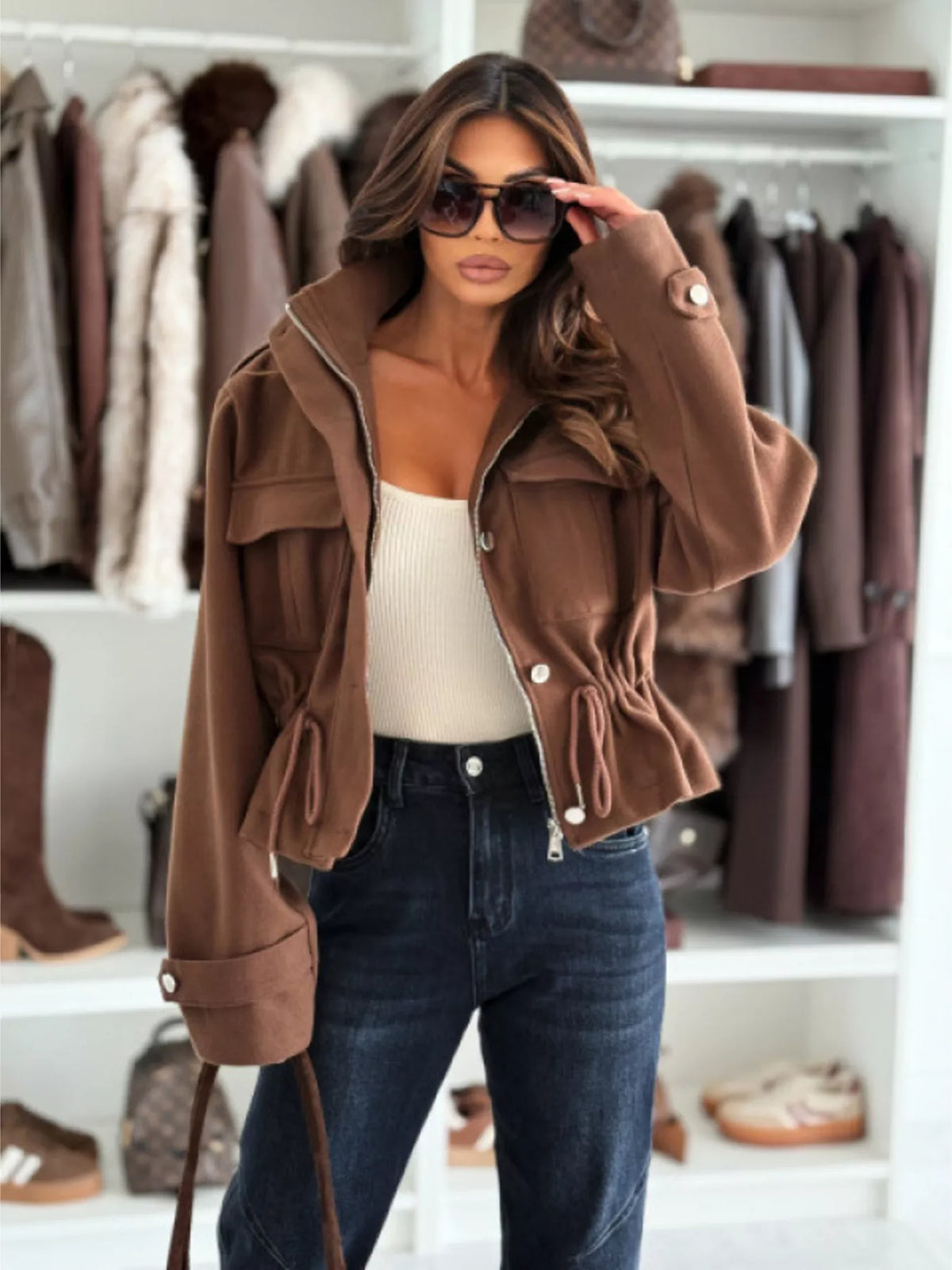 Drawstring Waist Cropped Jacket, view 4