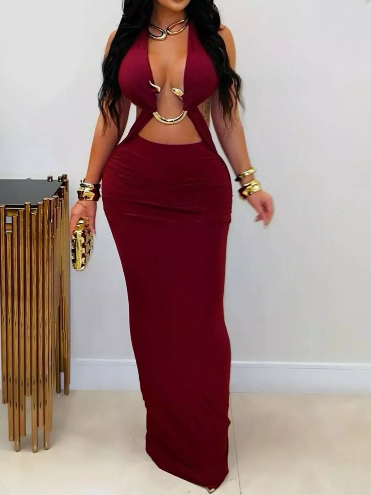 Backless Cut-Out Maxi Dress with Gold Hardware Detail