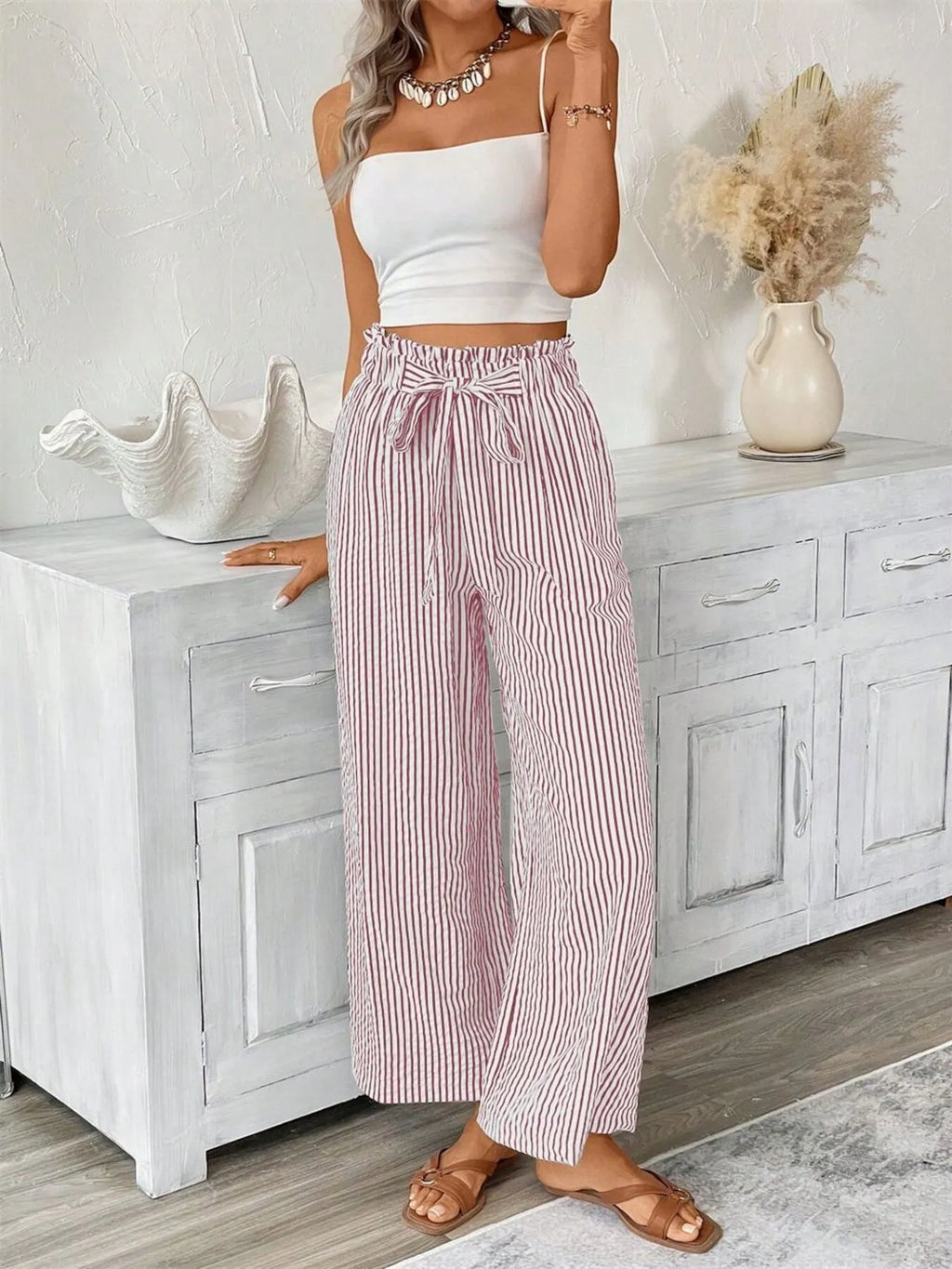 Full Size Striped Wide Leg Paper Bag Pants Plus Size - Lilixa.store