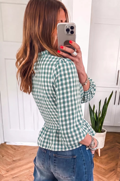 3/4 Sleeve Shirred Plaid Peplum Top - Lilixa.store