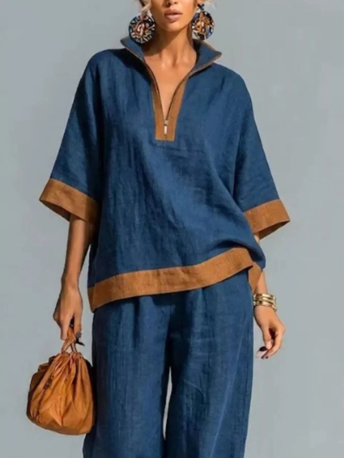 Full Size Contrast Trim Top and Wide Leg Pants Set Plus Size - Lilixa.store