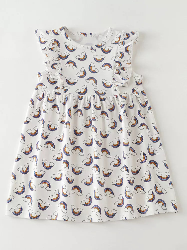 Children's Rainbow Print Ruffle Sleeve Dress - Lilixa.store