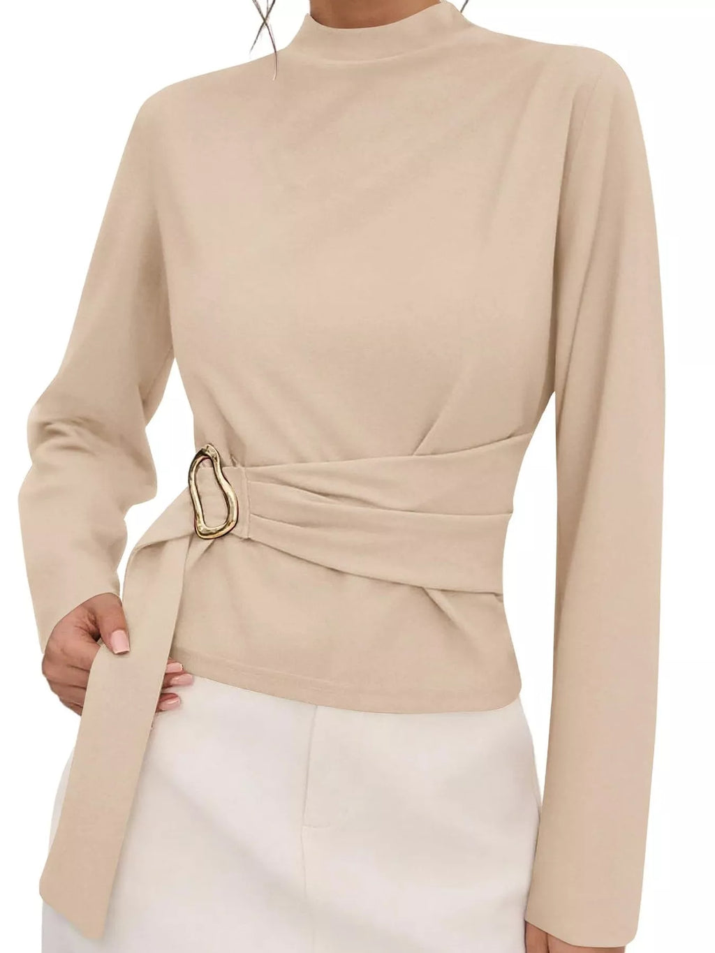 Mock Neck Blouse with Waist-Defining Metal Buckle Detail - Lilixa.store