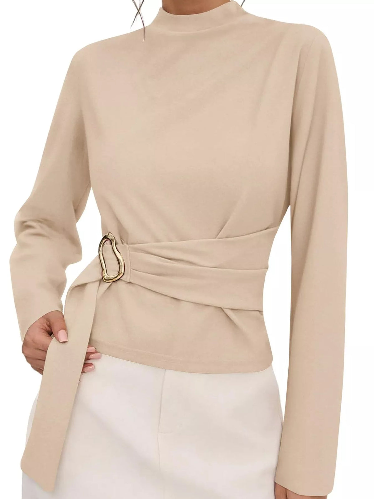Mock Neck Blouse with Waist-Defining Metal Buckle Detail - Lilixa.store