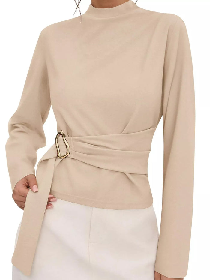 Mock Neck Blouse with Waist-Defining Metal Buckle Detail - Lilixa.store