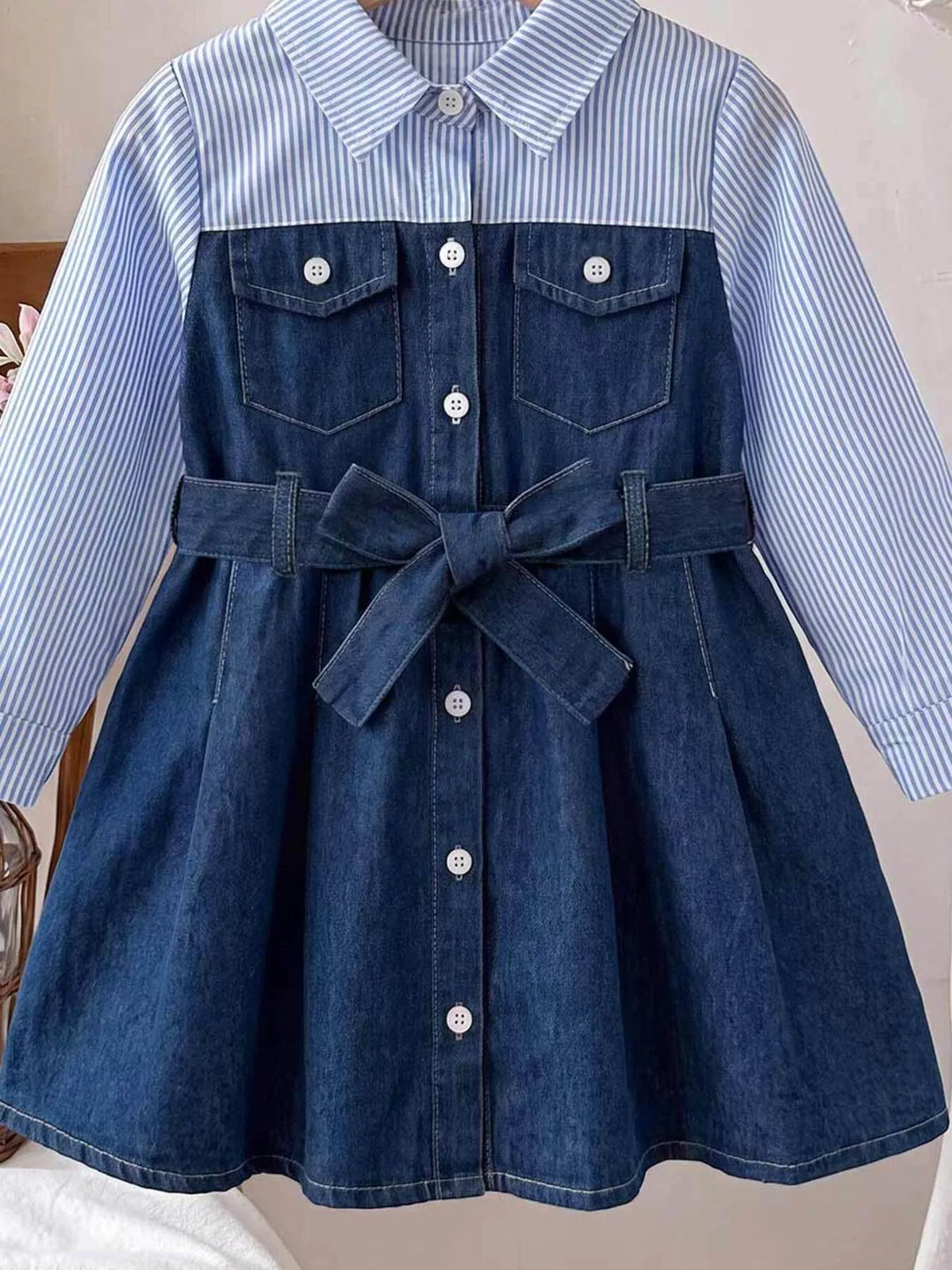 Children's Contrast Striped Denim Patchwork Dress with Belt in Blue, view 3