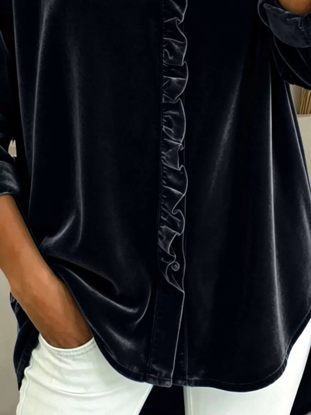 Velvet Frill V-Neck Blouse - Lilixa.store