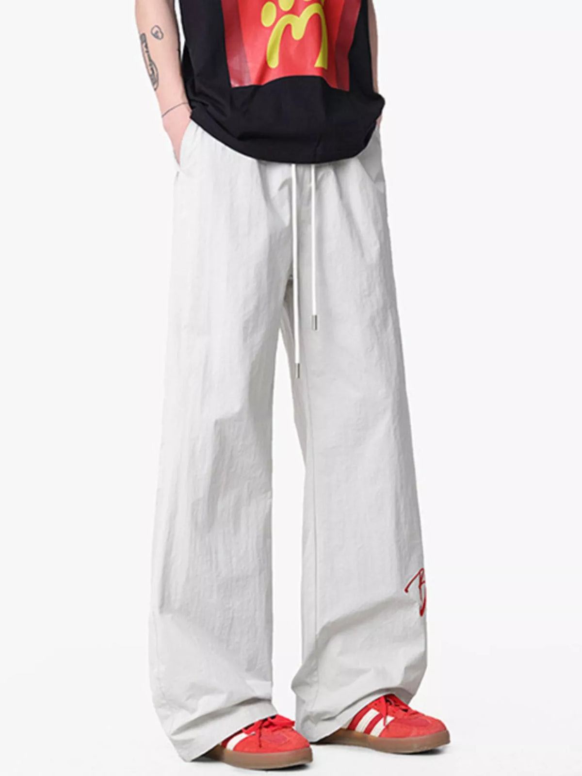 Men's Loose Fit Drawstring Wide Leg Pants in Light Gray
