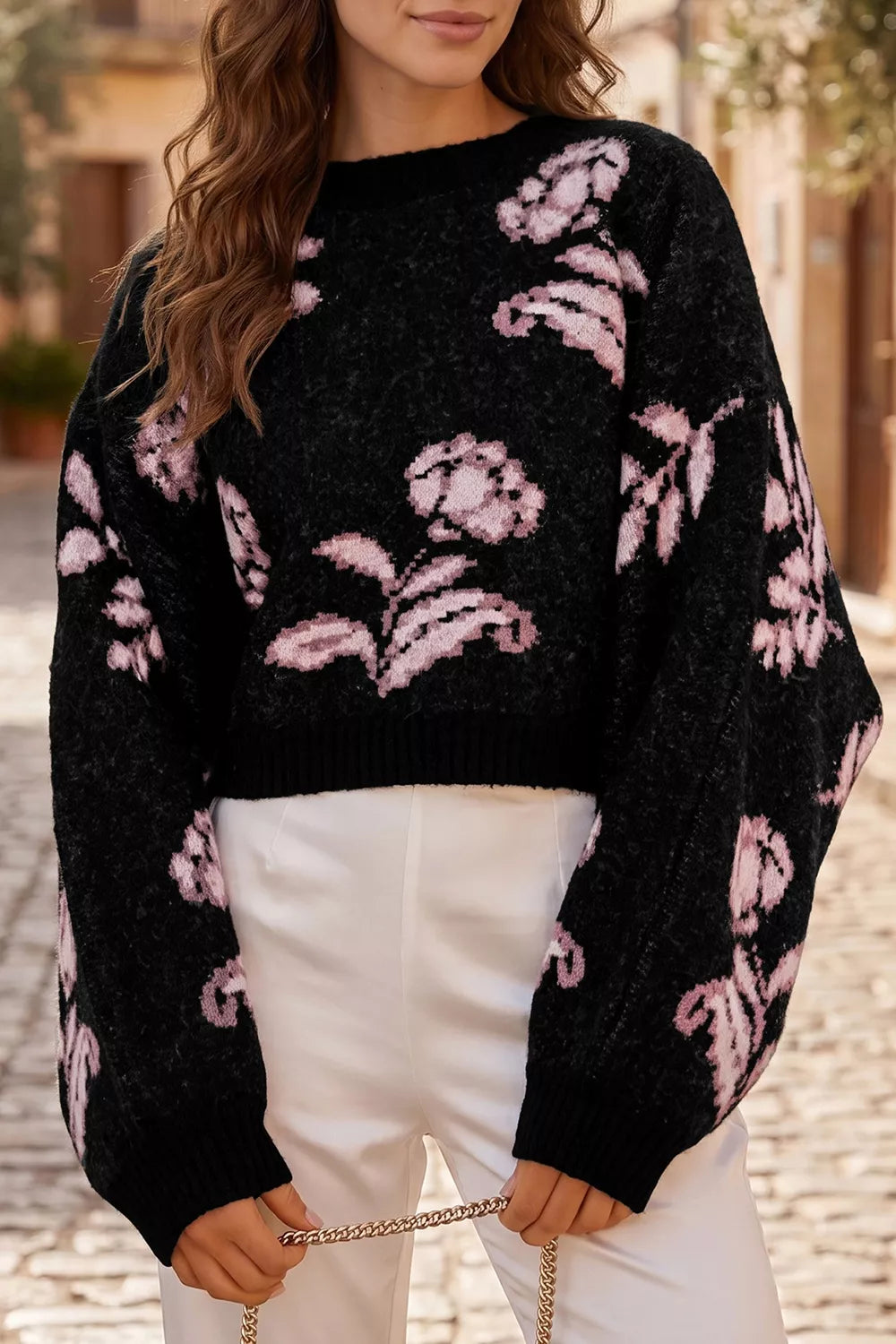 Floral Pattern Puff Sleeve Dropped Shoulder Pullover Sweater - Lilixa.store