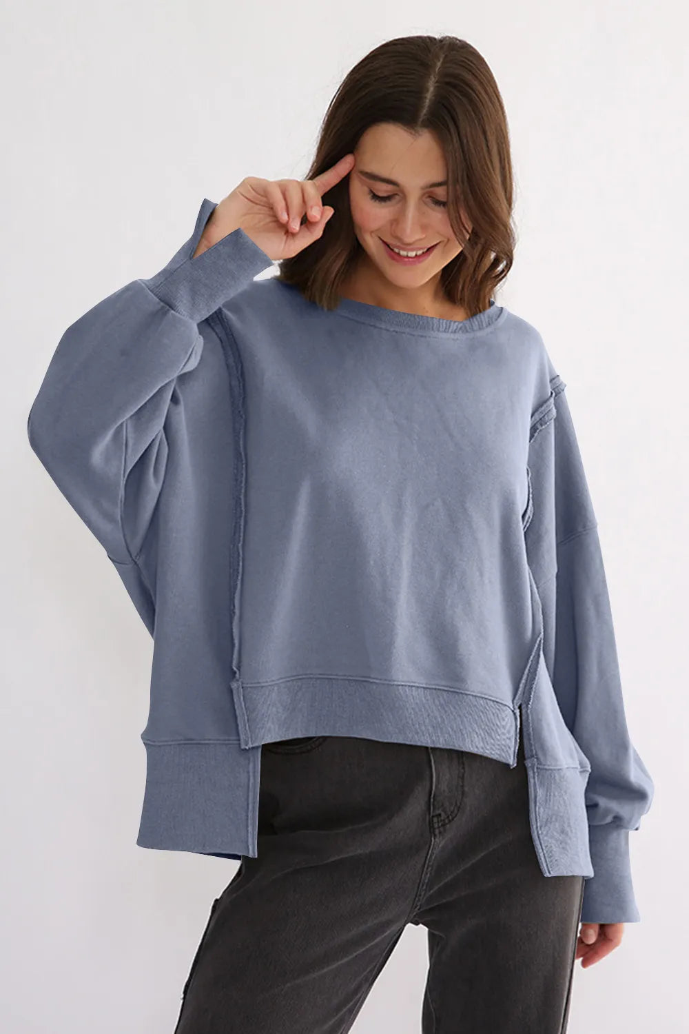 Exposed Seam High-Low Long Sleeve Sweatshirt - Lilixa.store