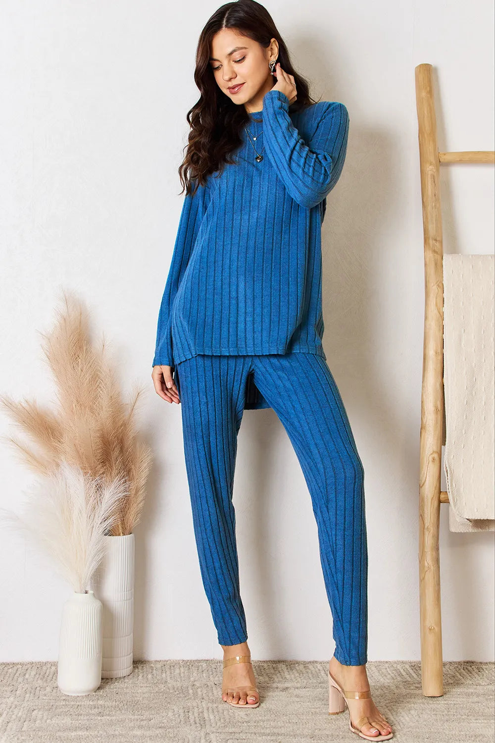 Basic Bae Full Size Ribbed Round Neck High-Low Slit Top and Pants Set - Lilixa.store