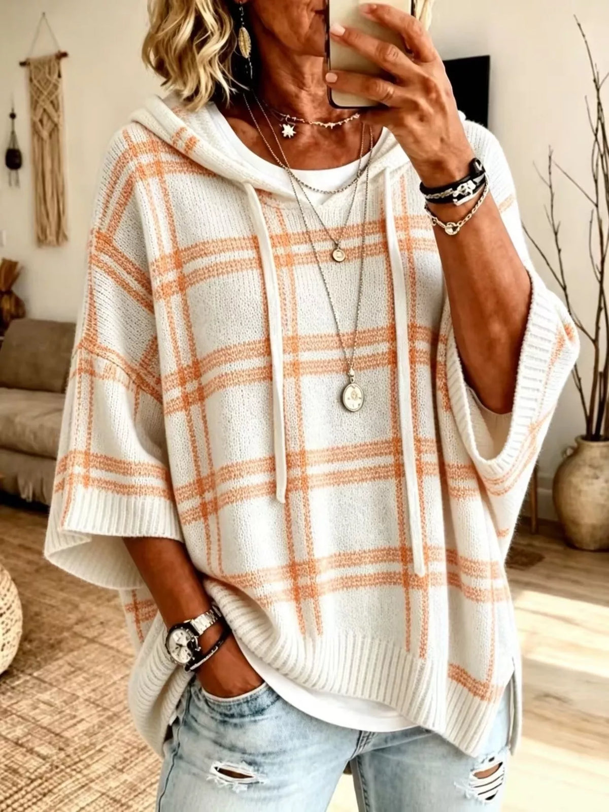 Plaid Hooded Knit Sweater in Cream