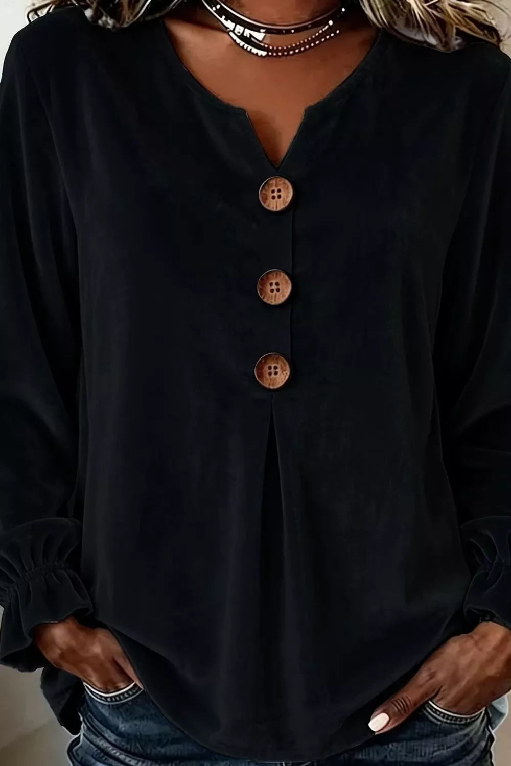 Full Size Velvet Button Decor Blouse with Ruffled Cuffs Plus Size - Lilixa.store